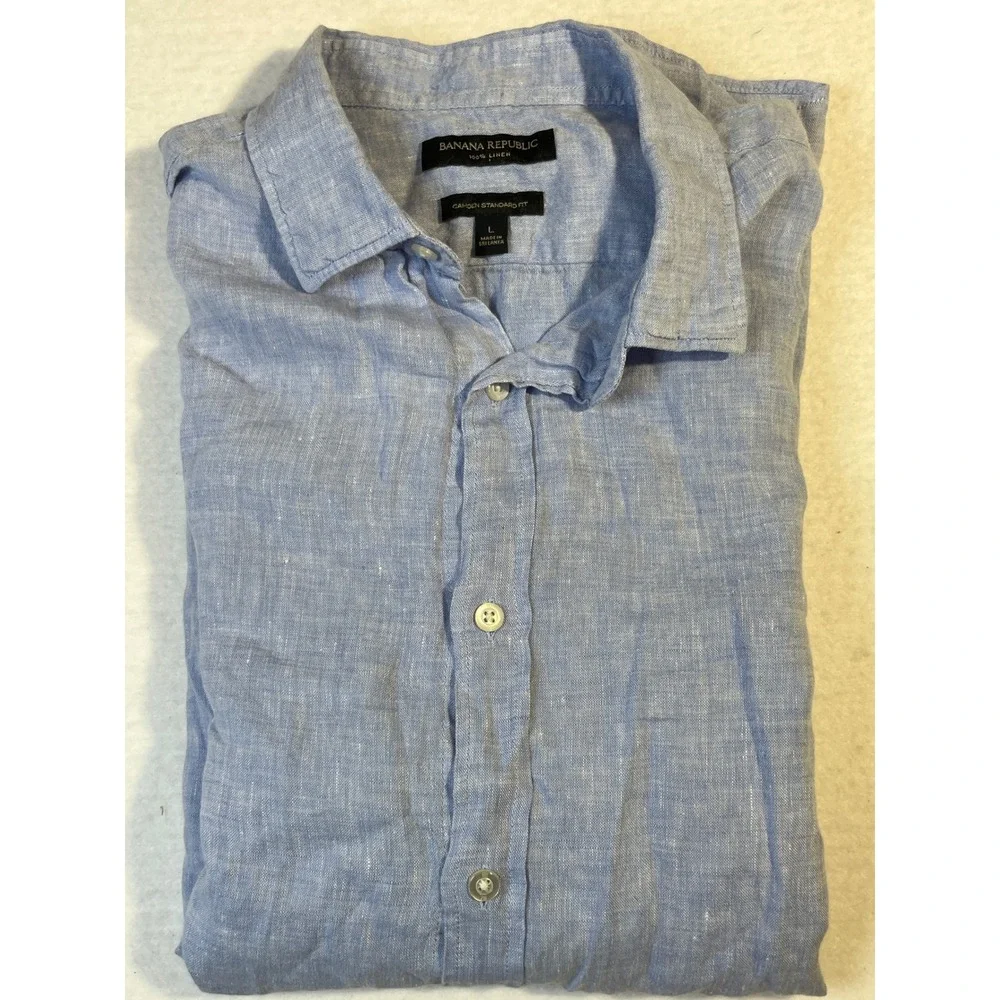 Banana Republic Mens Camden Standard Fit 100% Linen Long Sleeve Shirt Blue L